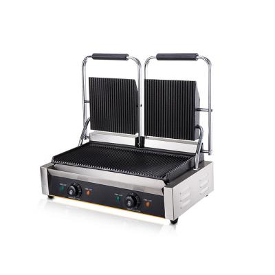 China Easily Cleaned Multifunctional Electric Panini Grill Commerical Double Heads Full Grooved Sandwich Panini Grill for sale