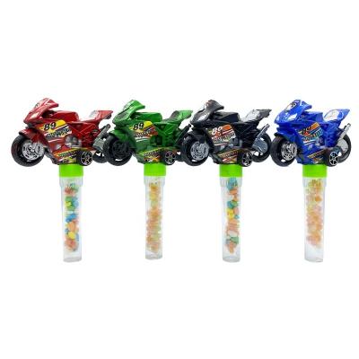 China Cartoon Toys Wholesale Candy Toy Motorcycle Mini Pull Back Plastic Toy Car With Candy For Kids for sale