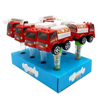 China Cartoon Toys Pull Back Car Candy Toy Mini Fire Truck 4 Styles Assorted Plastic Toy Car With Candy For Kids for sale