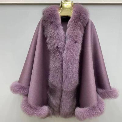 China Autumn Winter Warm Real Fur Poncho Wool Jacket Genuine Fox Fur Collar Cashmere Poncho Women Fashion Shawls Fur Capes Wool Poncho for sale