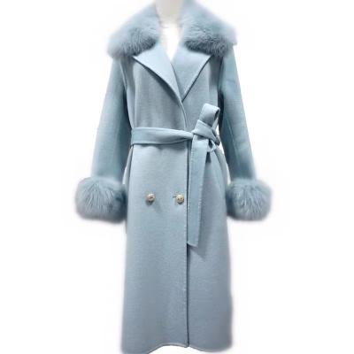 China Lady Fashion Winter Reversible Ditch Cashmere Double Breasted Coat With Fox Fur Women Long Spring Double Face 100% Wool Cashmere Coat for sale