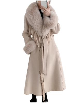 China New Design Cashmere Coat Winter Women Fashion Belt Tassel Wool Reversible Luxury Warm Fur Coat Women's Long Woolen Coat for sale