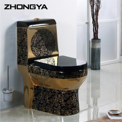 China Double-flow Middle East style sanitary ware bathroom luxury ceramic gold color WC black toilet for sale