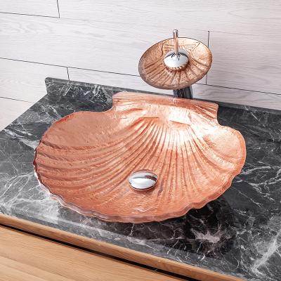 China Modern Shell Glass Sink Bathroom Countertop Waterfall Vessel Sink for sale