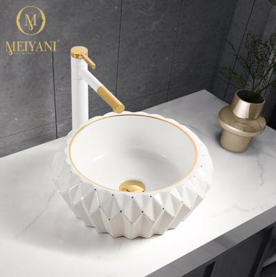 China Luxury Gold Line MEIYANI Industrial Hot Selling Art Basin Diamond Design Bathroom Sink Hotel Vanity Basin for sale