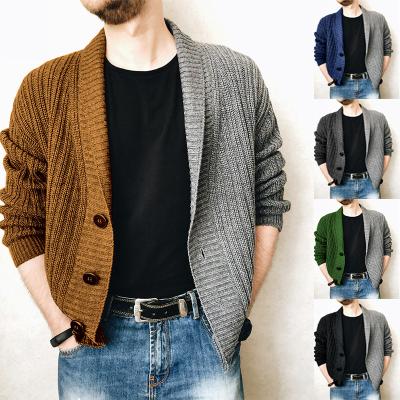 China Breathable Men's Classic Cardigan Sweater Loose Long Sleeve Cable Knit Wholesale Half Shawl Collar Color Block Cardigan Sweater for sale