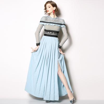 China Anti-Static Good Quality Long Sleeve Hollow Out New Lace Fashion Celebrity Light Blue Slit Patchwork Pleated Evening Dresses Long for sale