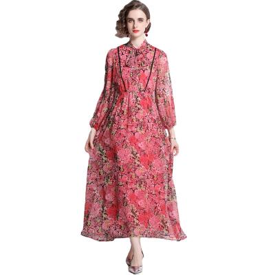 China 2022 Wholesale New Stain Women's Fashion Casual Wear Club Wear Elegant Party Prom Anti-Static Casual Dresses Vintage Floral Lantern Sleeves for sale