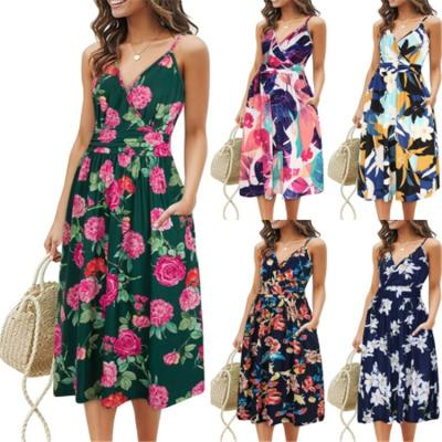 China 2022 Summer Anti-Static Printing Sling Loose Pocket Beach Skirt Dress for sale