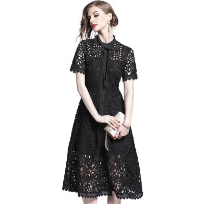 China Breathable Heavy Industry Fashion Lace Round Neck Sleeveless Flight Sheath Hollow Slim One-Piece A-Line Dress for sale