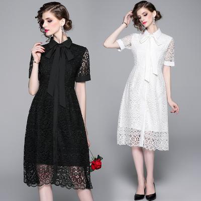 China Anti-Static Custom Design Hollow Short Sleeves Spring Women Lace Up Midi Dress Lady Elegant Casual Dresses for sale