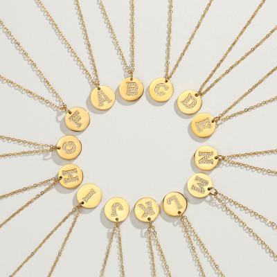 China Accept Refund Money In Case Zircon Necklace Minimalist Micro Initial 26 Letter Necklaces Alphabet Gold Plated Stainless Steel Round Disc Pendant Necklace for sale