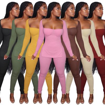 China Fall 2021 Women Ladies Bodycon Sleeve O-neck Solid Color T-shirt Yoga Breathable Casual Suit 2 Two Piece Long Pants Set For Women Clothes for sale