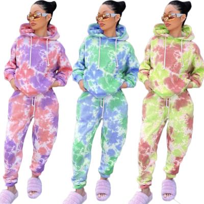 China 2021 Autumn Clothes For Women Pop Sustainable Tie Dye Printing Long Sleeve Pockets Hooded Loose Sportswear 2 Two Piece Pants Set Women for sale