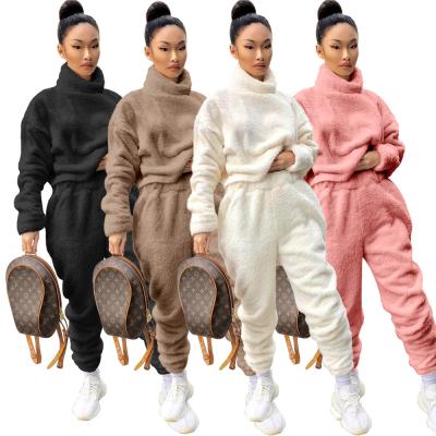 China 2021 autumn winter women's breathable fashion turtle neck solid woolen clothing the double set long pants 2 set two-piece pants for women for sale