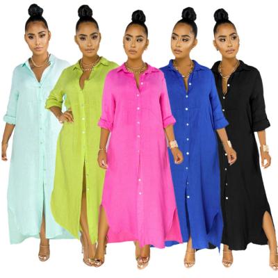 China Official Solid Color Lady Drop Long Sleeve Crew Neck Button Elegant Casual Breathable Blouse Loose Dresses For Women Clothes 2021 for sale