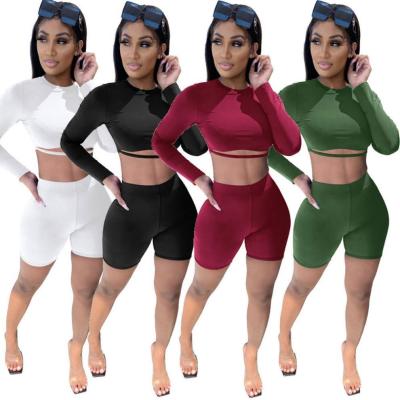 China Anti-pilling 2021 Women's Summer Sets Custom Biker Shorts Long Sleeve Crop Top Joggers Two Piece Pants For Women for sale