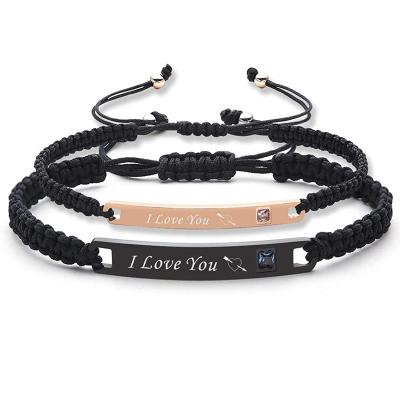 China Customized Name Bar Rope Adjustable Bracelet Hard Rope Leather Bracelet Romantic High Quality Fashion Stainless Steel Bangle for sale