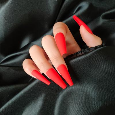 China Hot Selling Long Design Adiyat Coffin Press On Long Design Matte Red False Nails Luxury Curve Trapezoid Shape Nails 24 Pcs for sale