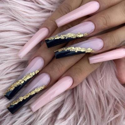 China 2022 Custom Private Label Eco-friendly Press On Fake Curved Coffin Nails Rose Sequin Nails New Fashion Long Artificial Nails Long for sale