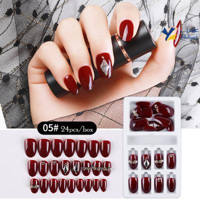 China Solon High Quality Red Nail Eco-friendly Handmade Design Free Sample Full Cover Medium Long Press On False Nails With Diamond for sale