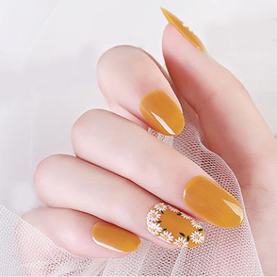 China Amber Luxury Press On Nail Sunflower Medium Size French False Nail Eco-Friendly New Arrivals 28pcs/box Full for sale