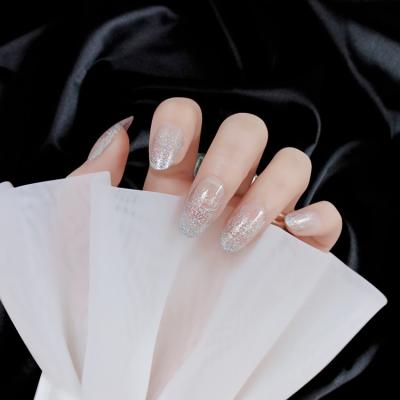 China 2021 new design / lucid mirror powder transparent adiyat silver stickers press on long nails almond fakenails for sale