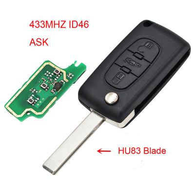 China 3 Button Remote Key For Peugeot 307 433MHZ ID46 Chip 0536 Models Up To 20110416 With HU83 Blade K174004 for sale