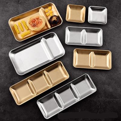 China Restaurant Hotel Stainless Steel Gold Silver Square Dinner Dish Viable Barbecue Dipping Hot Dish Pot Dish Food Stainless Steel Tray for sale