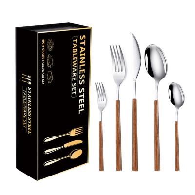 China Hot Sale 40-PCS Viable Wooden Handle Knife Fork Spoon Silverware Stainless Steel Wooden Cutlery Set Stainless Steel Flatware Gold Silverware for sale