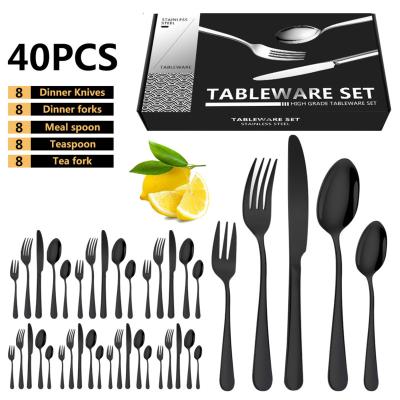 China Viable Hot Sale 40-PCS Stainless Steel Cutlery Set Knife Fork Spoon Black Flatware Set Silverware Gold Cutlery for sale