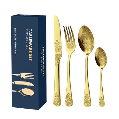 China Viable Stainless Steel Cutlery Set 24 Pieces Gold Knife Fork Spoon Silverware Steak Knife Wedding Restaurant Embroidered Flatware for sale