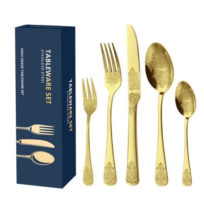 China Retro viable European stainless steel cutlery set hotel gold restaurant wedding party cutlery pattern creative double head flatware for sale