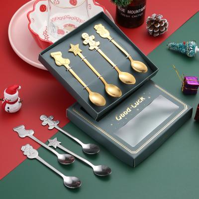 China Viable Creative Christmas Cutlery Gift Box Gold Stainless Steel Teaspoon Silverware Dessert Spoon Set for sale