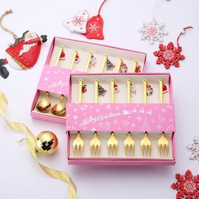 China Stainless Steel Fork Spoon Christmas Silverware Gift Box Coffee Dessert Spoon Flatware Viable Cutlery for sale