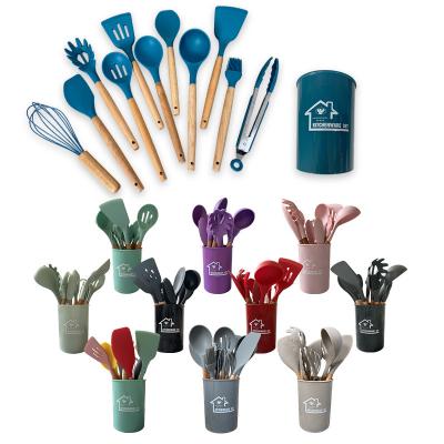 China Hot Selling Viable 12 in 1 Silicone Kitchen Accessories Kitchenware Cooking Silicone Kitchen Utensil Set with Wooden Handle Cooking Tools for sale