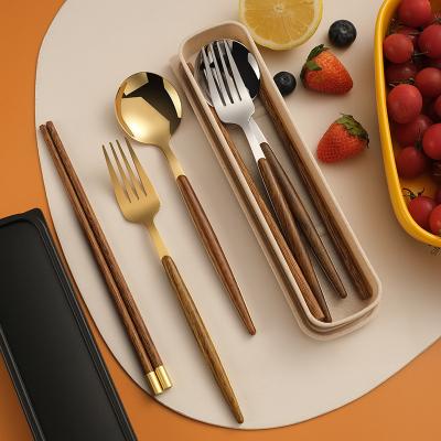 China Portable Stainless Steel Viable Cutlery Set Creative Wooden Spoon Fork Chopsticks Grain Picnic Cutlery Three-Piece Set for sale