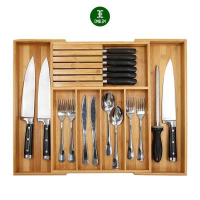 China Sustainable Bamboo Adjustable Cutlery Tray Silverware Drawer Organizer with Removable Knife Blocks for sale