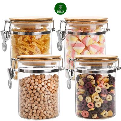 China 4 Pack Sustainable Airtight Glass Canister Set With Bamboo Hinged Lid, 27 Ounce Clear Glass Jars Food Storage Jars Container for sale