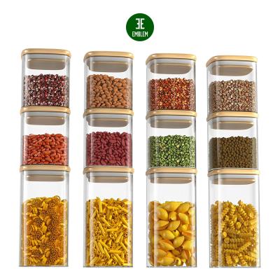 China Sustainable Set of 12 Glass Canisters / Square Glass Jars With Airtight Lid /Clear Bamboo Food Storage Jars for sale