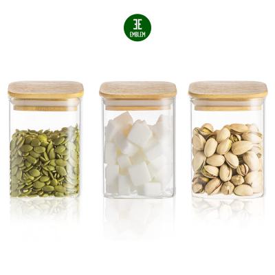 China 16oz Viable Glass Canisters With Airtight Bamboo Lid (3 Packs)/Jar With Bamboo Lid for sale