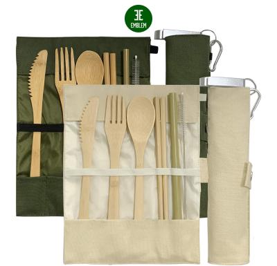 China Sustainable 2 Pack Bamboo Utensils Set With Portable Storage Bag+Carabiner+Bottle Opener (green+white), Bamboo Cutlery Set for sale