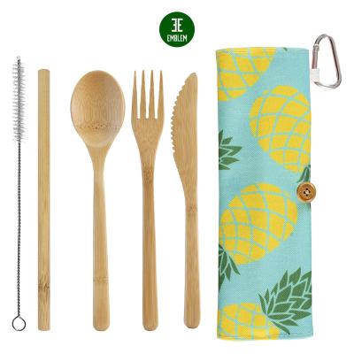 China Sustainable Bamboo Take Along Reusable Utensil Set With Blue Pineapple Style Travel Case , Bamboo Cutlery Set for sale