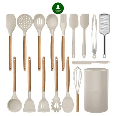 China 17 Pcs Sustainable Silicone Cooking Kitchen Utensils Set With Holder, Kitchen Gadgets Utensil Set For Non-Stick Cookware (Khaki) for sale