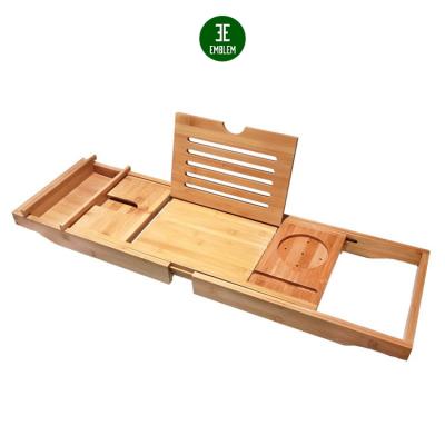 China Sustainable Adjustable Bathroom Bathtub Organizer Waterproof Luxury Bamboo Tub Caddy Trays for sale