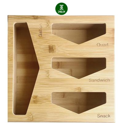 China Sustainable Bamboo Sandwich Bag Organizer Box Premium Wood Drawer Organizer For Food Storage Bags Plastic Baggie Container for sale