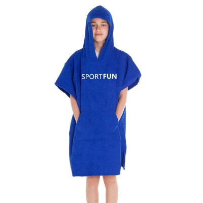 China Custom Blue Kids Child Safe Hood Surf Poncho Microfiber Poncho Towel Beach Dry Robe With Sleeve Pocket for sale