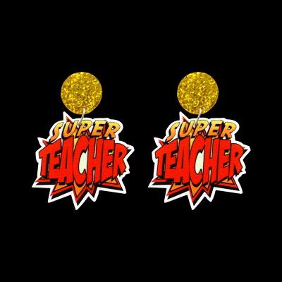 China FASHIONABLE Comic Style UV Laser Acrylic Print Eat Sleep Repeat Teach Apple Super Teacher Earrings For Women for sale