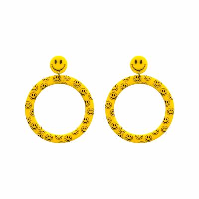 China 2021 Cute Trendy Black Heart Hollow Out Face Printed Rainbow Yellow Round Smile Love Is Love Heart Acrylic Stud Earrings For Women for sale