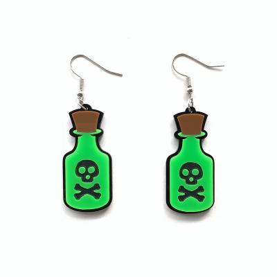 China Punk Green Toxic Liquor Bottle Skull Style Acrylic Drop Earrings For Women Halloween Party Earrings for sale